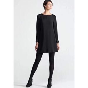 Eileen Fisher PS Black Silk Georgette Shift Dress Long Sleeve Petite NWT